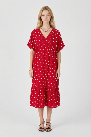 Kırmızı V Yaka Oversize Kesim Desenli Çift Cepli Volanlı Elbise