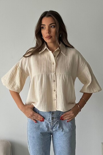 Krem Kısa Kol Müslin Kumaş Premium Gömlek