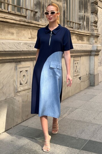 Lacivert Fermuarlı Modal Kumaş Yarı Tensel Elbise