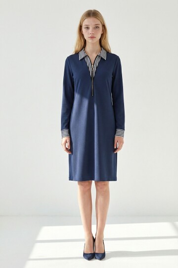 Lacivert Göğüs Fermuar Detaylı Modal Kumaş Elbise