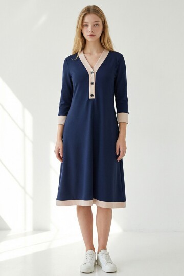 Lacivert Göğüse Kadar Düğmeli Modal Kumaş Elbise