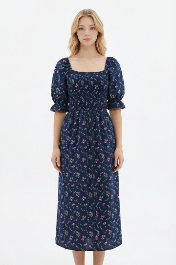 Lacivert Kare Yaka Beli Gipeli Çiçek Desenli Dokuma Yazlık Elbise