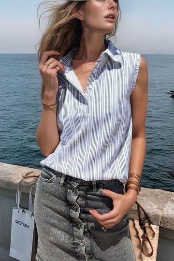 Lacivert Kendinden Dokulu Yarım Patlı Kolsuz Bluz