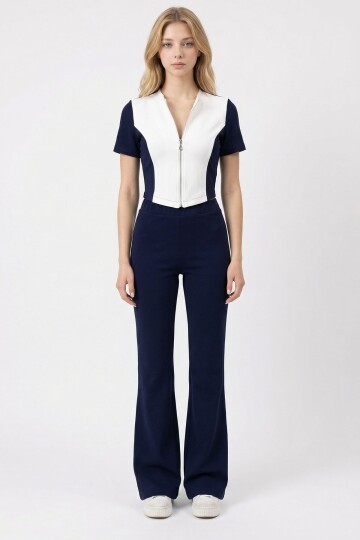 Lacivert Renk Bloklu Fermuarlı Yumuşak Dokulu Kumaş Eşofman Takımı