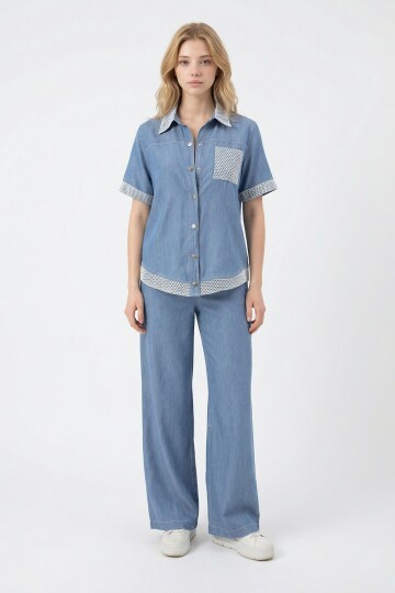 Mavi File Detaylı Tensel Kot Kumaş Gömlek Ve Pantolon Alt Üst Takım