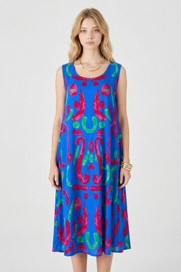 Mavi U Yaka Kolsuz Asimetrik Kesim Midi Boy Elbise