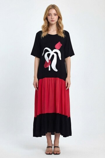 Fuşya Nakış İşlemeli Maxi Boy Dokuma Viscon Elbise