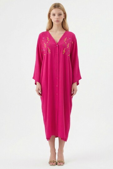Fuşya Nakış İşlemeli Maxi Boy Dokuma Viscon Elbise