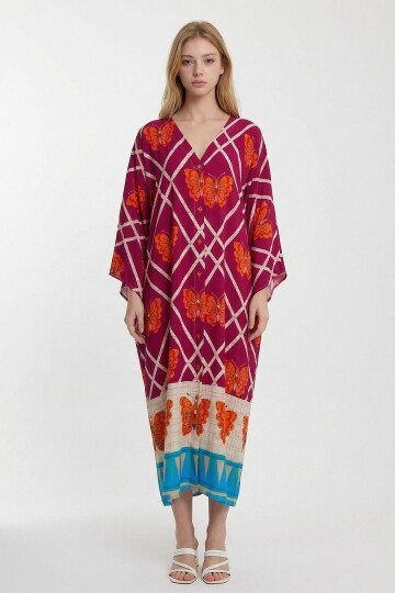 Fuşya V Yaka Çiçek Desenli Uzun Boy Dokuma Gömlek Elbise