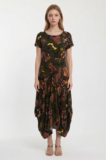 Haki Bisiklet Yaka Çift Cepli Yarım Kol Çiçek Desenli Rahat Kalıp Elbise