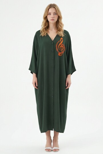 Haki Nakış İşlemeli Maxi Boy Dokuma Viscon Elbise