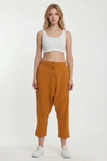 Hardal Çift Cepli Düğme Detaylı Düşük Ağ Şalvar Pantolon