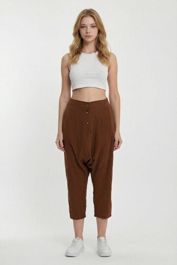 Kahverengi Çift Cepli Düğme Detaylı Düşük Ağ Şalvar Pantolon