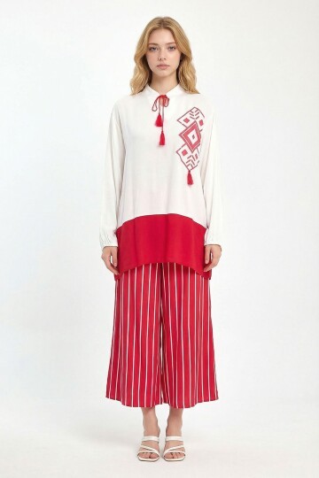 Kırmızı Renk Bloklu Çizgili Pantolon Ve Uzun Tunik Alt Üst Takım