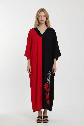 Kırmızı V Yaka Nakış İşlemeli Renk Bloklu Uzun Boy Gömlek Elbise