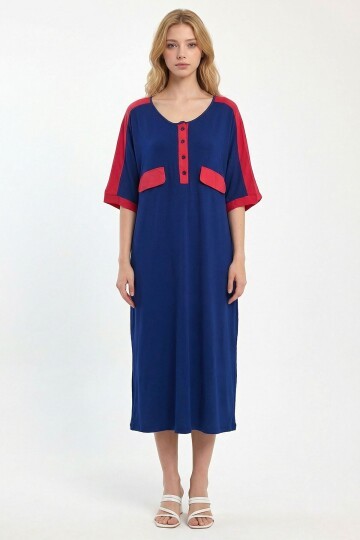 Lacivert Baskılı Maxi Boy Dokuma Viscon Elbise