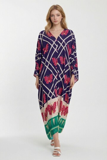 Lacivert V Yaka Çiçek Desenli Uzun Boy Dokuma Gömlek Elbise
