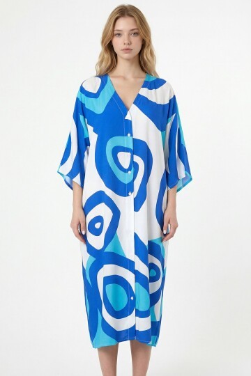 Mavi Baskılı Maxi Boy Dokuma Viscon Elbise