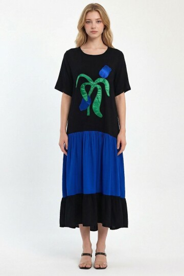 Saks Nakış İşlemeli Maxi Boy Dokuma Viscon Elbise