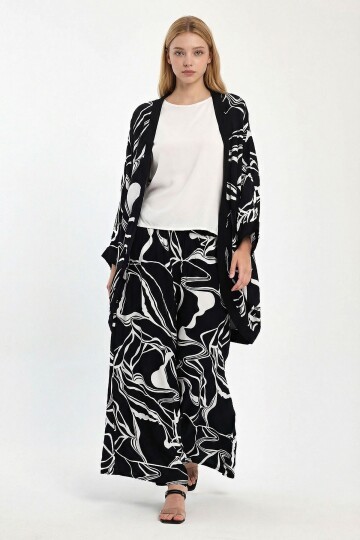 Siyah Baskılı Kimono Ve Pantolon Dokuma Viscon Alt Üst Takım