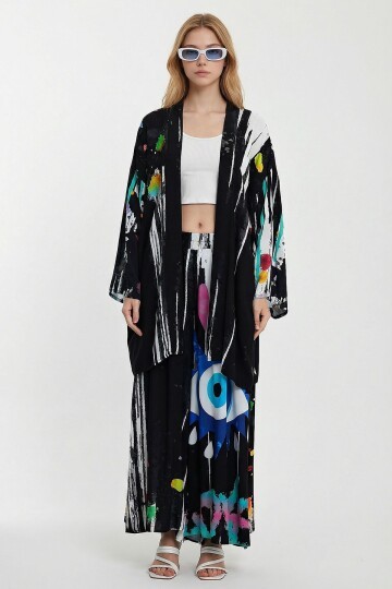 Siyah Desenli Pantolon Ve Uzun Kimono Dokuma Alt Üst Takım