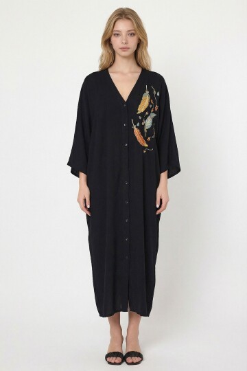 Siyah Nakış İşlemeli Maxi Boy Dokuma Viscon Elbise