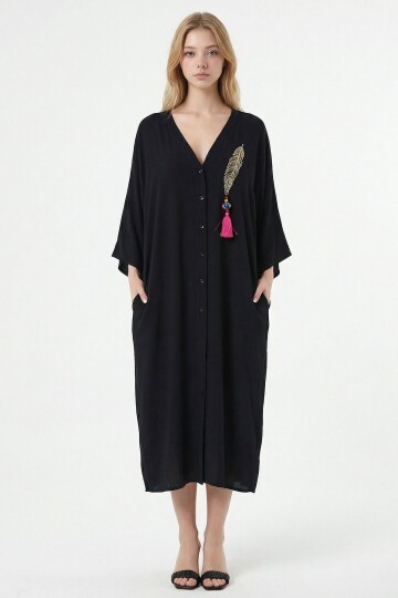 Siyah Nakış İşlemeli Maxi Boy Dokuma Viscon Elbise