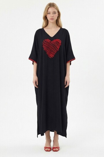 Siyah Nakış İşlemeli Maxi Boy Dokuma Viscon Elbise