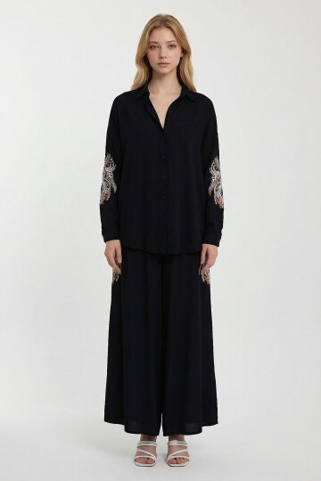 Siyah Nakış İşlemeli Gömlek Ve Pantolon Dokuma Alt Üst Takım