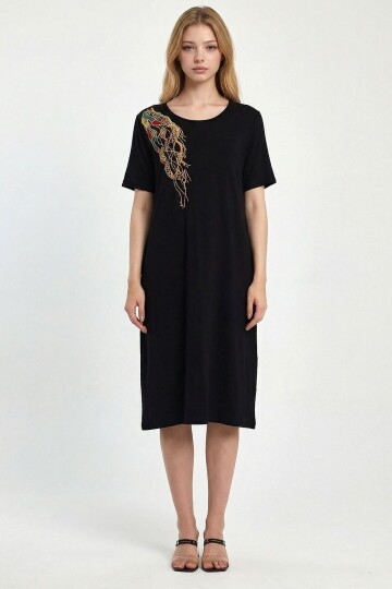 Siyah Nakış İşlemeli Örme Viscon Elbise