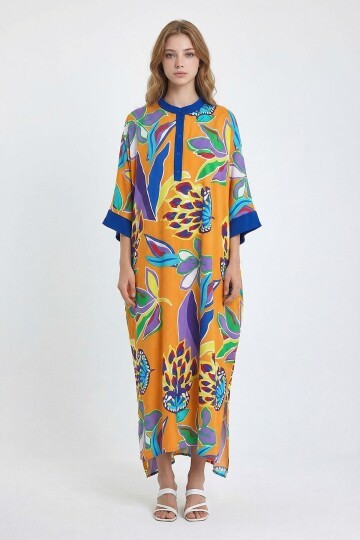 Turuncu Hakim Yaka Çiçek Desenli Uzun Boy Dokuma Elbise