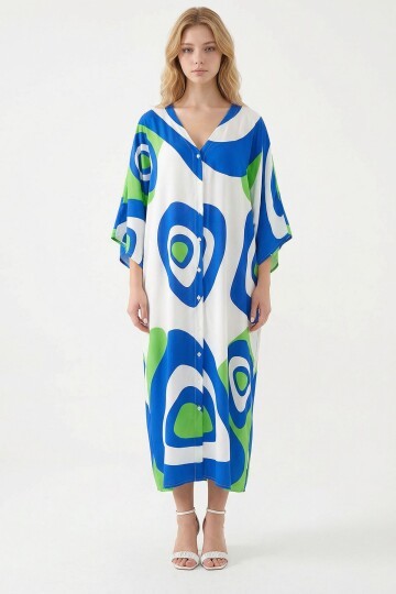 Yeşil Baskılı Maxi Boy Dokuma Viscon Elbise