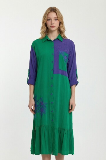Yeşil Renk Bloklu Nakış İşlemeli Uzun Boy Dokuma Gömlek Elbise