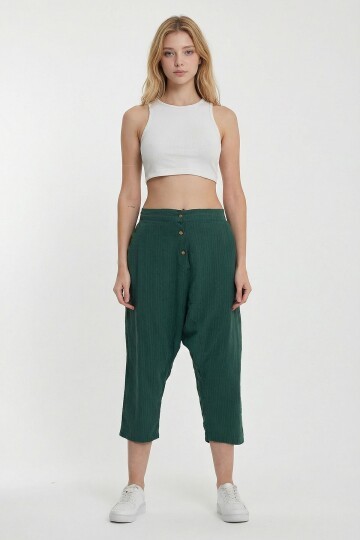 Zümrüt Yeşili Çift Cepli Düğme Detaylı Düşük Ağ Şalvar Pantolon