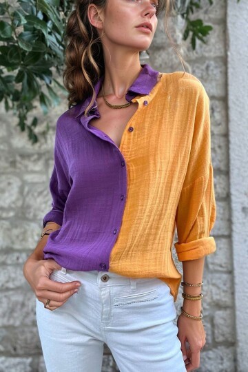 Mor Müslin Color Block Salaş Gömlek