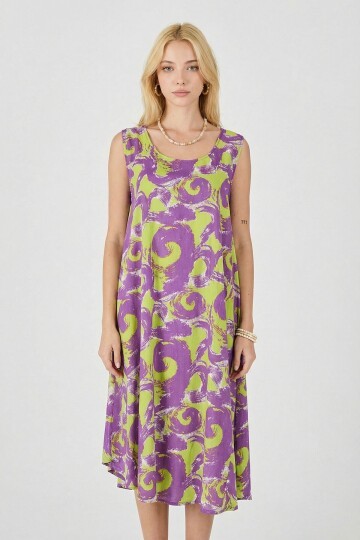 Mor U Yaka Kolsuz Asimetrik Kesim Midi Boy Elbise