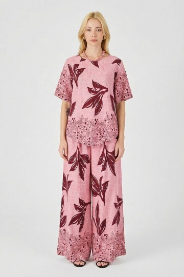 Mürdüm-Çiçek Yaprak Desenli Oversize Bluz Ve Bol Paça Pantolon Takım