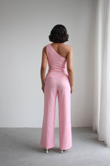 Pembe Aksesuar Detaylı Bluz Ve Pantolon Dokuma Alt Üst Takım