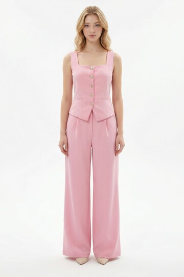 Pembe Brit Detaylı Kare Yaka Crep Bluz Ve Pantolon Alt Üst Takım