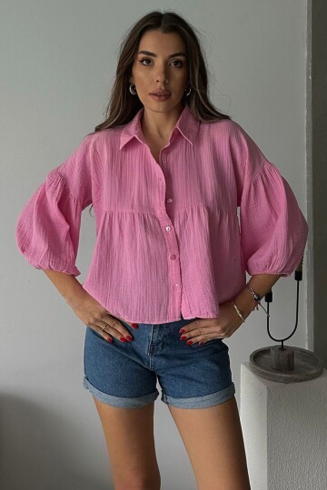 Pembe Kısa Kol Müslin Kumaş Premium Gömlek
