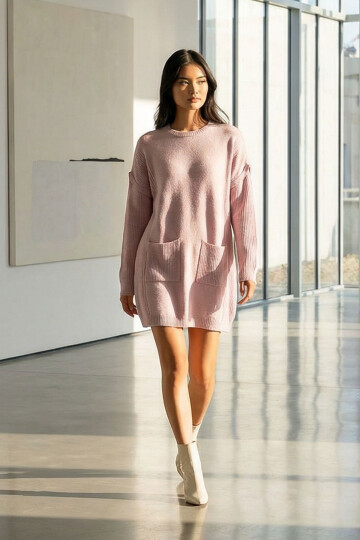 Pembe Ribanalı Bisiklet Yaka Mini Triko Elbise BCHPK-251239