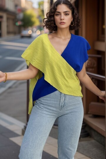 Saks Yağ Yeşili Kruvaze Color Block Kendinden Dokulu Bluz