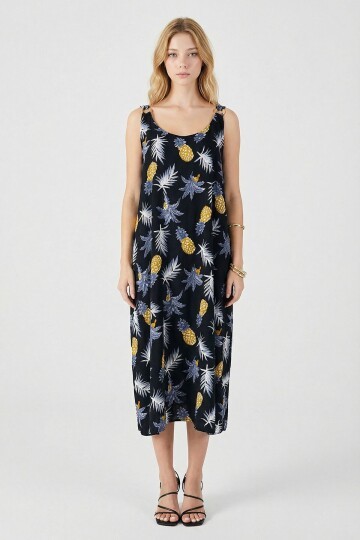 Sarı Askılı Boncuk Detaylı Çift Cepli Desenli Salaş Elbise