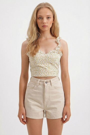 Sarı Kalp Yaka Çiçek Desenli Sırtı Gipeli Fırfırlı Crop Bluz