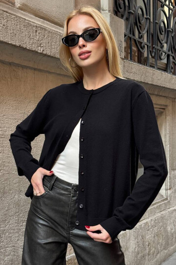 Siyah Bisiklet Yaka Düğmeli Triko Hırka BCHZCK-251267