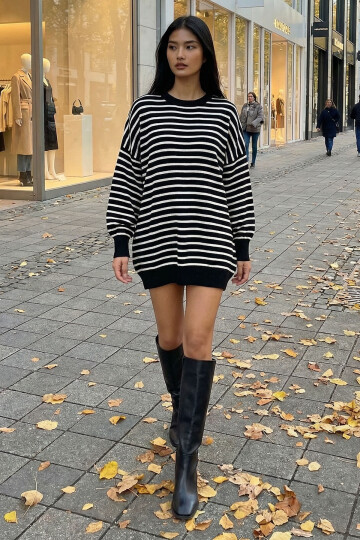 Siyah Çizgili Bisiklet Yaka Çizgili Triko Mini Elbise BCHPK-251240