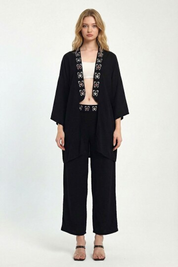 Siyah Fuşya Nakış İşlemeli Ceket Ve Pantolon Dokuma Viscon Alt Üst Takım