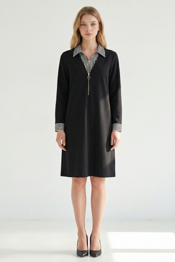 Siyah Göğüs Fermuar Detaylı Modal Kumaş Elbise