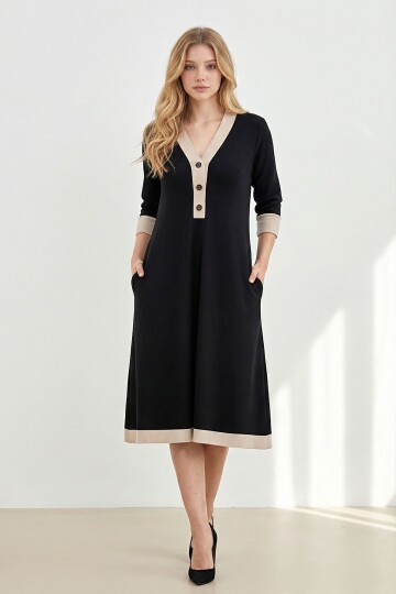 Siyah Göğüse Kadar Düğmeli Modal Kumaş Elbise