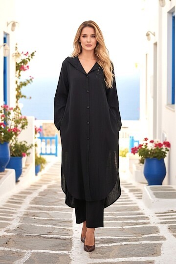 Alaçatı Keten Siyah Keten Gömlek Takım